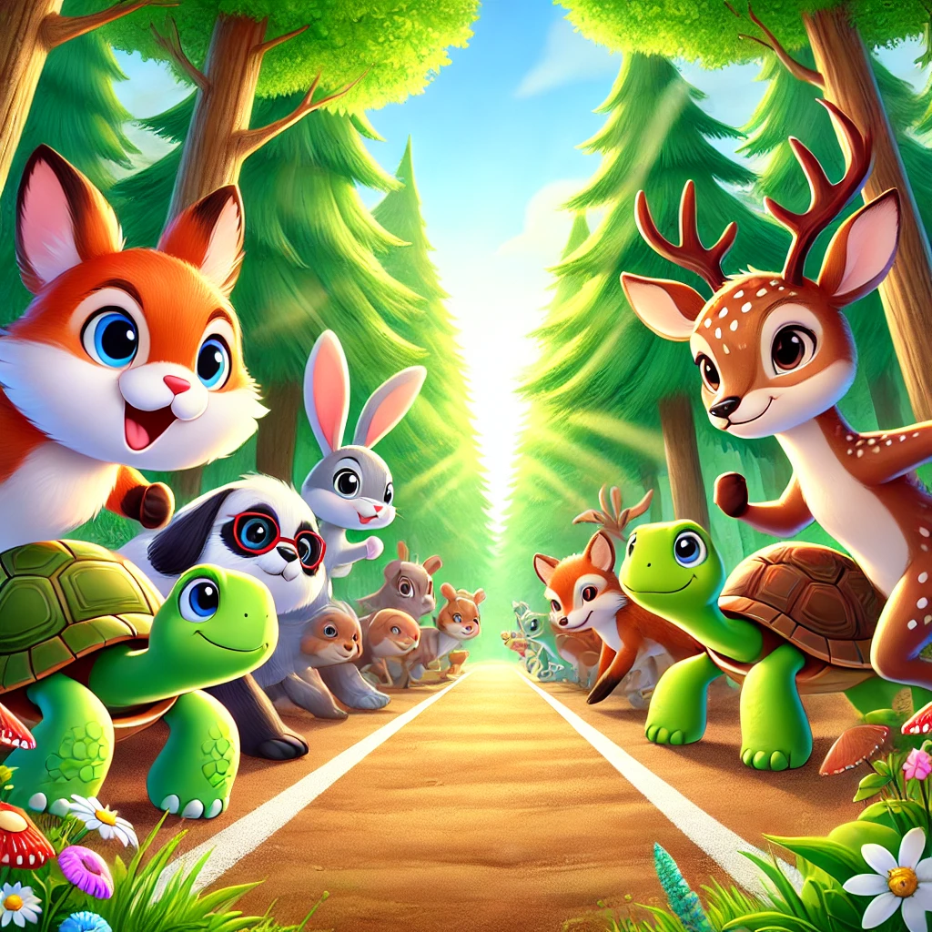 A Grande Corrida dos Animais da Floresta Na floresta mais verde e animada que se podia imaginar, os animais estavam agitados com um grande evento que estava para acontecer: a Grande Corrida dos Animais da Floresta! Todos os anos, a corrida reunia os animais para um dia de diversão e competição amigável. Na linha de partida, estavam os competidores principais: Rafa, o coelho rápido; Fumaça, a raposa ágil; Léo, o cervo veloz; e Tina, a tartaruga persistente. Embora Tina fosse a mais lenta, todos sabiam que ela tinha algo especial: sua determinação. Enquanto os animais se preparavam, a coruja sábia, que era a juíza da corrida, sobrevoou a multidão de espectadores e anunciou: "Que comecem os preparativos! Quem estiver pronto para correr e se divertir, prepare-se na linha de partida!" Os animais assumiram suas posições e, com um rápido bater de asas, a coruja deu o sinal para o início da corrida. Rafa, o coelho, disparou na frente, com Fumaça e Léo logo atrás. Tina, como esperado, começou lentamente, mas com um sorriso determinado no rosto. No início, parecia que Rafa ganharia com facilidade. Ele era incrivelmente rápido e saltava de um lado para o outro, ultrapassando obstáculos com facilidade. Fumaça, com sua agilidade, conseguia evitar as pedras e os troncos caídos no caminho. Léo, com suas longas pernas, mantinha um ritmo constante. Mas Tina, embora fosse a última, não parava de seguir em frente. Enquanto a corrida continuava, algo surpreendente aconteceu. Rafa, confiante de que venceria, decidiu parar um pouco para descansar. "Estou tão à frente que posso tirar um cochilo," pensou ele, deitando-se à sombra de uma árvore. Fumaça e Léo continuaram, mas logo começaram a se distrair com as belas flores e frutos pelo caminho. Eles também diminuíram o ritmo, acreditando que não precisavam correr tanto. Foi aí que Tina, com seu passo lento e constante, passou por eles. Embora cansada, ela não parou em nenhum momento. Sua determinação era mais forte do que qualquer distração ou cansaço. Quando Rafa acordou de seu cochilo e Fumaça e Léo perceberam que estavam ficando para trás, já era tarde demais. Tina já estava se aproximando da linha de chegada, e com um grande esforço, ela cruzou a linha primeiro. Todos os animais da floresta aplaudiram Tina, a tartaruga que, com paciência e persistência, venceu a corrida. Rafa, Fumaça e Léo também aprenderam uma valiosa lição: às vezes, não é a rapidez ou a agilidade que vence, mas a determinação e a coragem de continuar, mesmo quando as chances parecem pequenas. E assim, naquele dia, Tina se tornou a campeã da Grande Corrida dos Animais da Floresta, lembrando a todos que o importante não é como você começa, mas como você termina.
